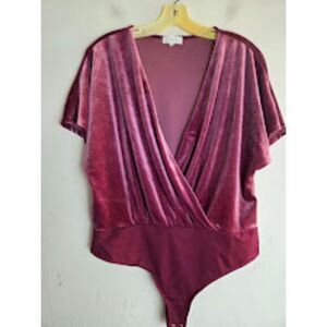 NSR Women Burgunday Red Short Sleeve Velvet Faux Wrap Thong Bodysuit Top sz XL